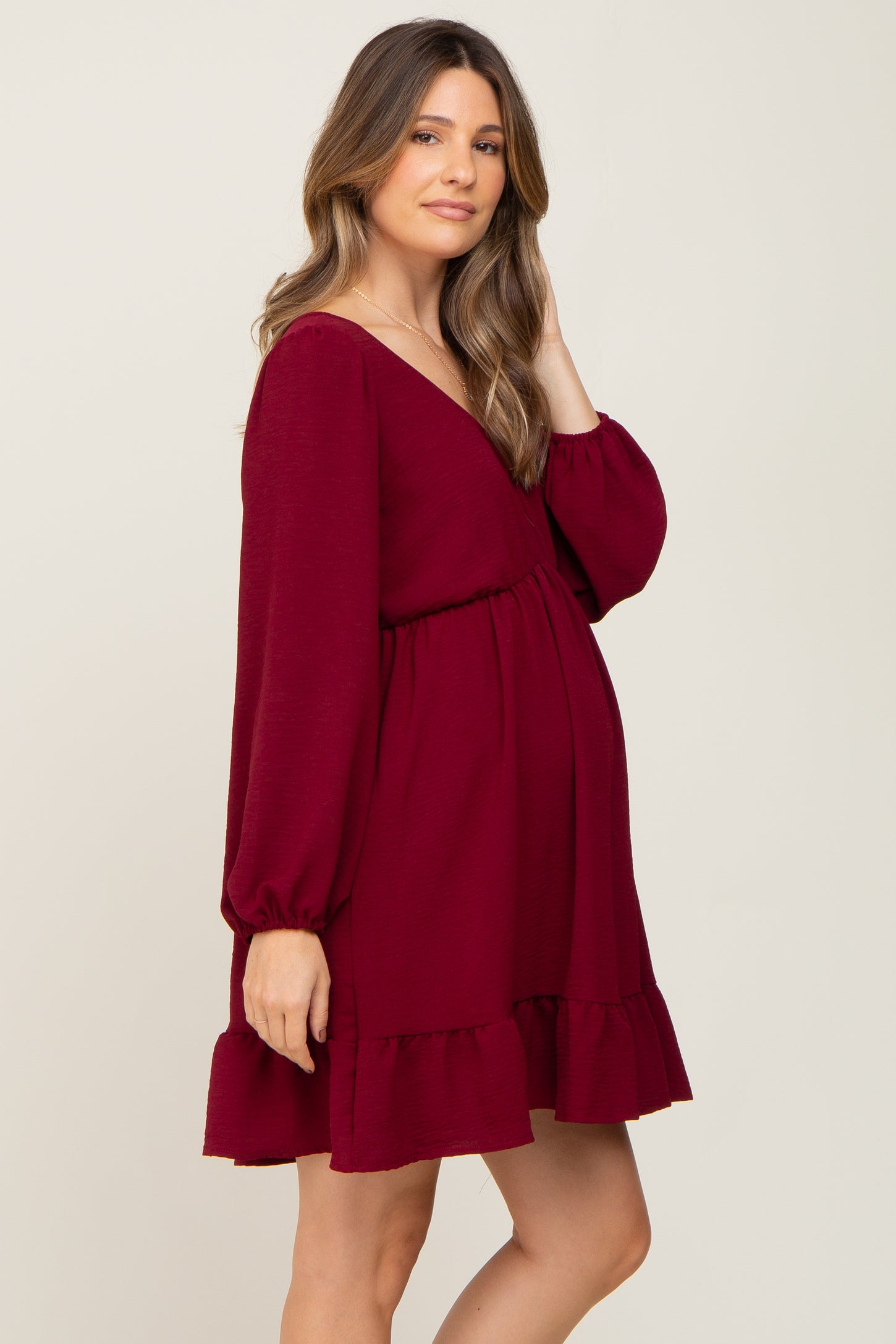 Burgundy Long Sleeve Gathered Tier Maternity Dress