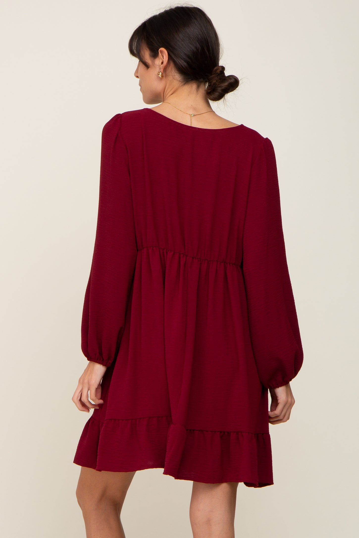 Burgundy Long Sleeve Gathered Tier Dress