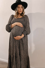 Black Leopard Print Square Neck Smocked Maternity Midi Dress