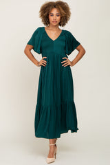 Emerald Satin Smocked Midi Dress