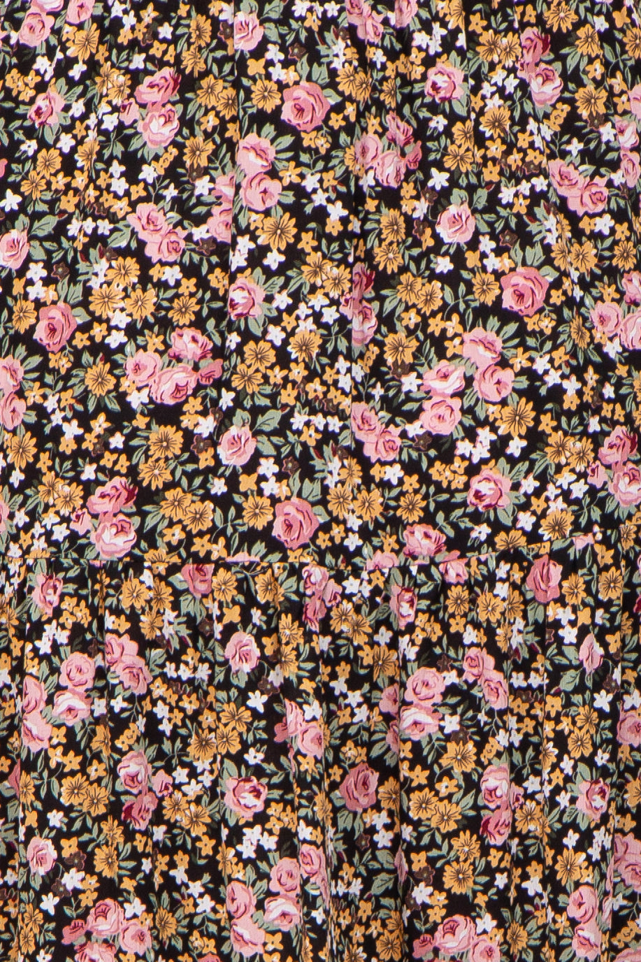 maternity wear featuring a black floral print with pink and yellow flowers on a flowing fabric