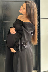 Black Smocked Square Neck Satin Maternity Midi Dress