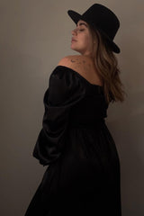 Black Smocked Square Neck Satin Maternity Midi Dress