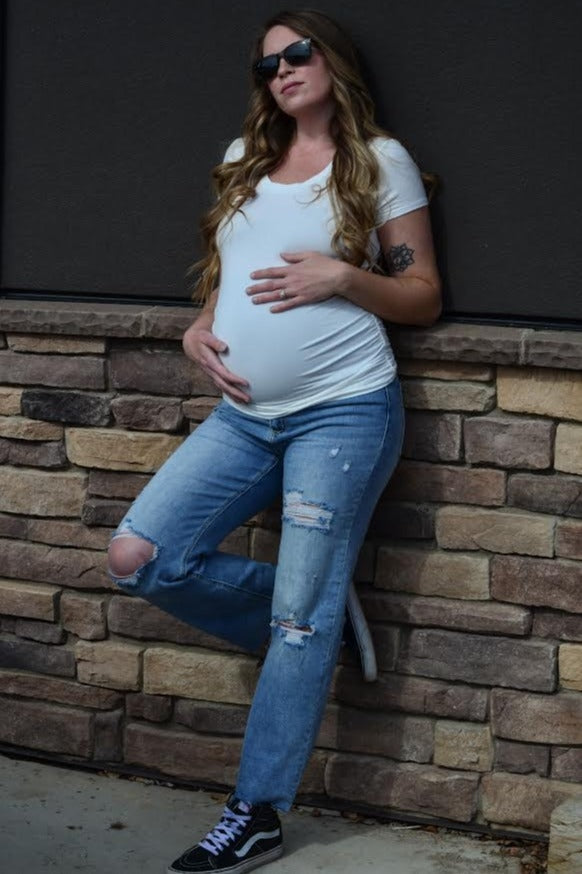 Light Blue Cropped Distressed Maternity Jeans