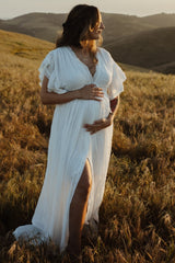 Ivory Deep V-Neck Button Down Maternity Maxi Dress