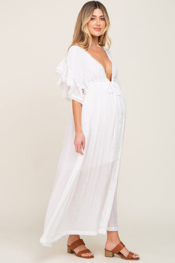 Ivory Deep V-Neck Button Down Maternity Maxi Dress