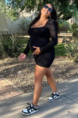 Black Square Neck Long Sleeve Maternity Romper