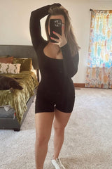 Black Square Neck Long Sleeve Romper