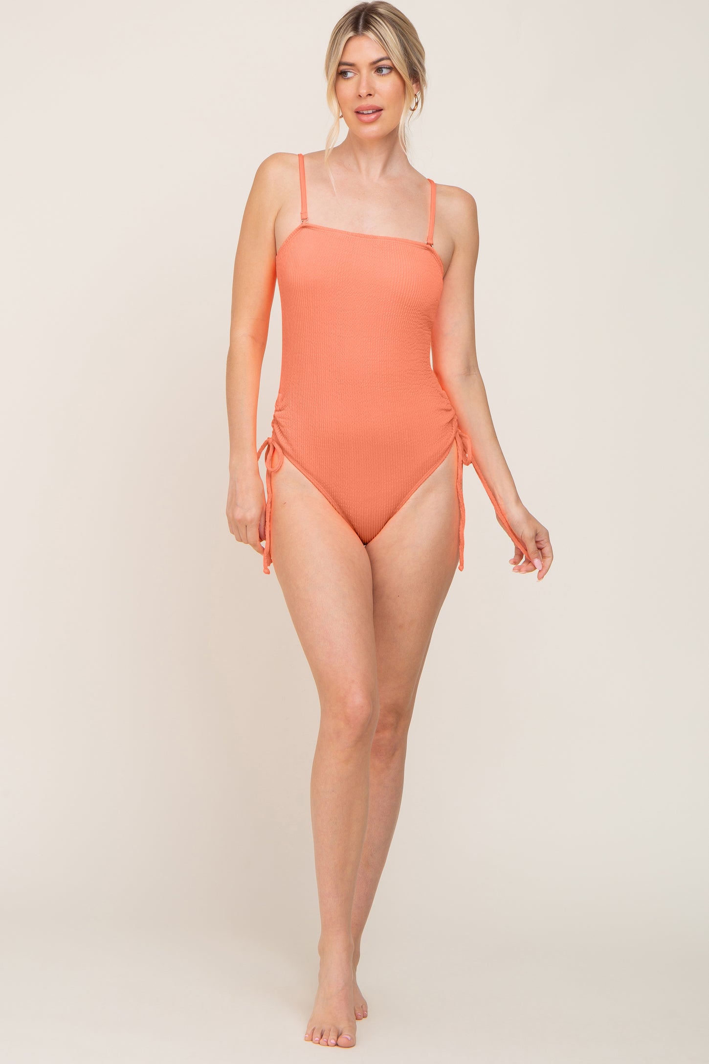 Coral Ribbed Cinched Side Tie One Piece Swimsuit