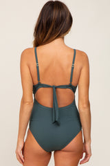 Green Ribbed Ruffle Ruched One Piece Swimsuit