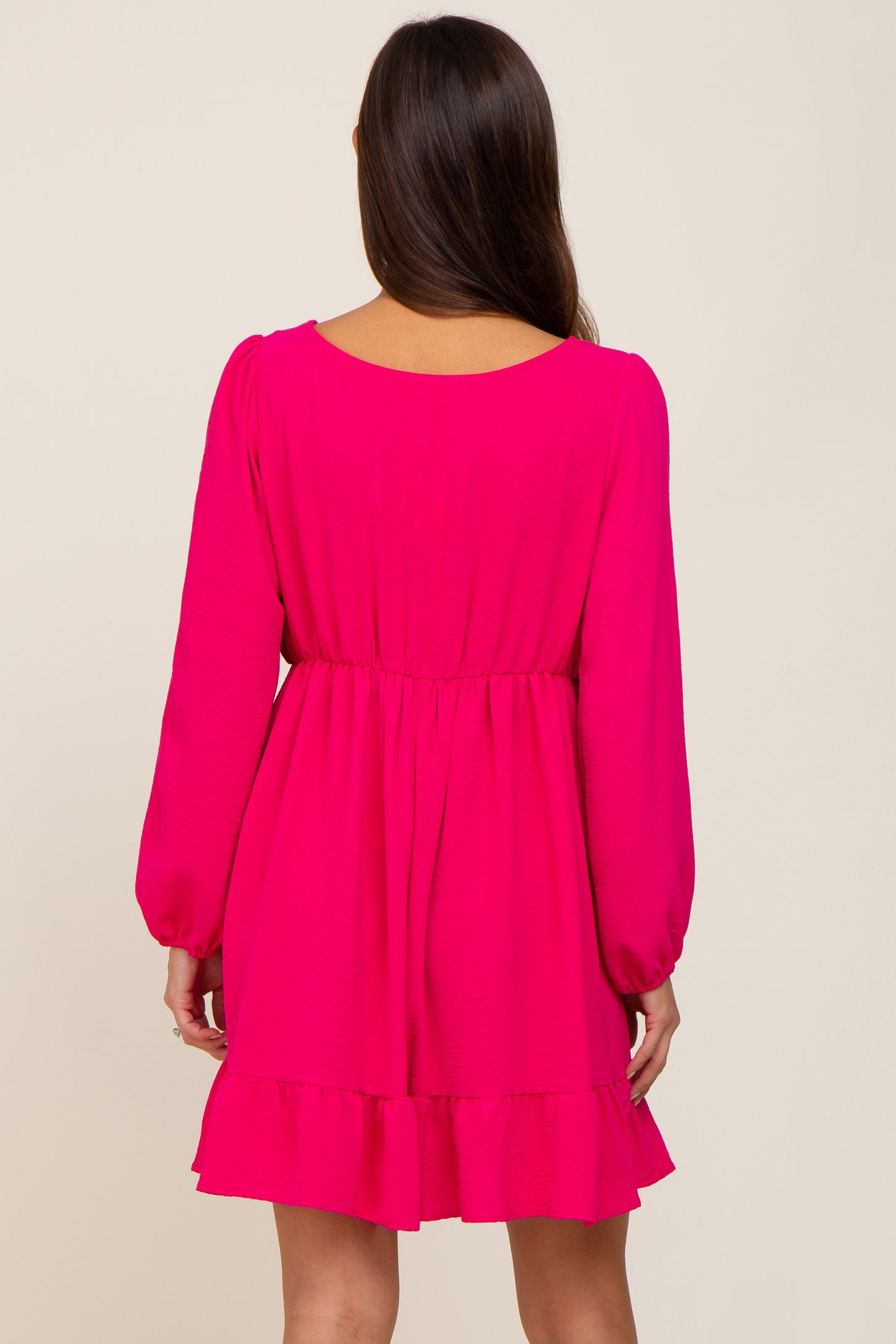 Fuchsia Long Sleeve Gathered Tier Maternity Dress
