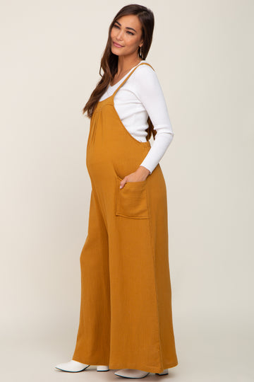 Camel Wide Leg Tie Back Maternity Overalls