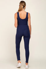 Navy Blue Ribbed Bodycon Maternity Jumpsuit