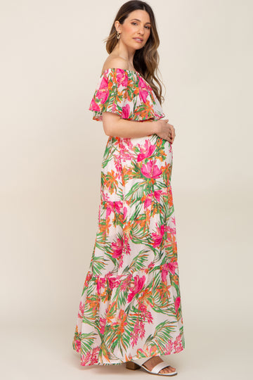 Ivory Tropical Print Off Shoulder Maternity Maxi Dress