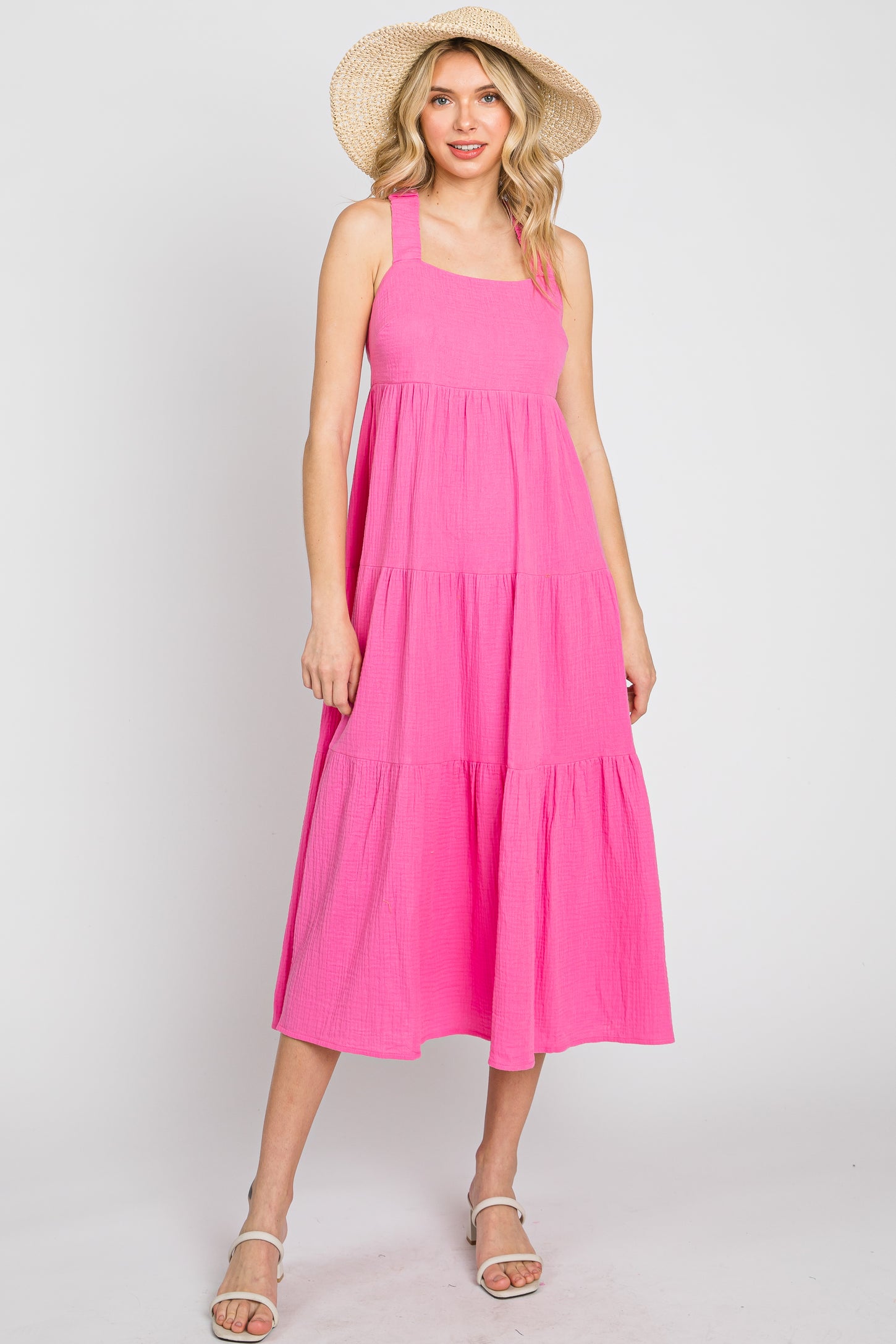 Neon Pink Tiered Crisscross Strap Midi Dress