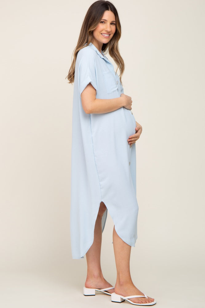 Light Blue Button Down Hi Low Maternity Maxi Dress