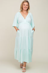 Mint Green Deep V-Neck Tiered Maternity Plus Maxi Dress