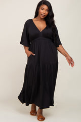 Black Deep V-Neck Tiered Plus Maxi Dress