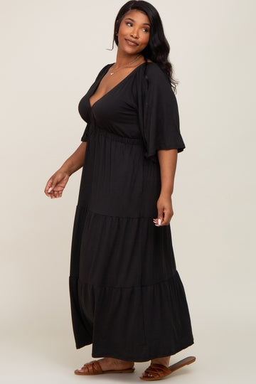 Black Deep V-Neck Tiered Plus Maxi Dress