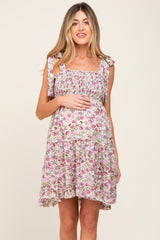 Cream Floral Smocked Sleeveless Tiered Maternity Dress