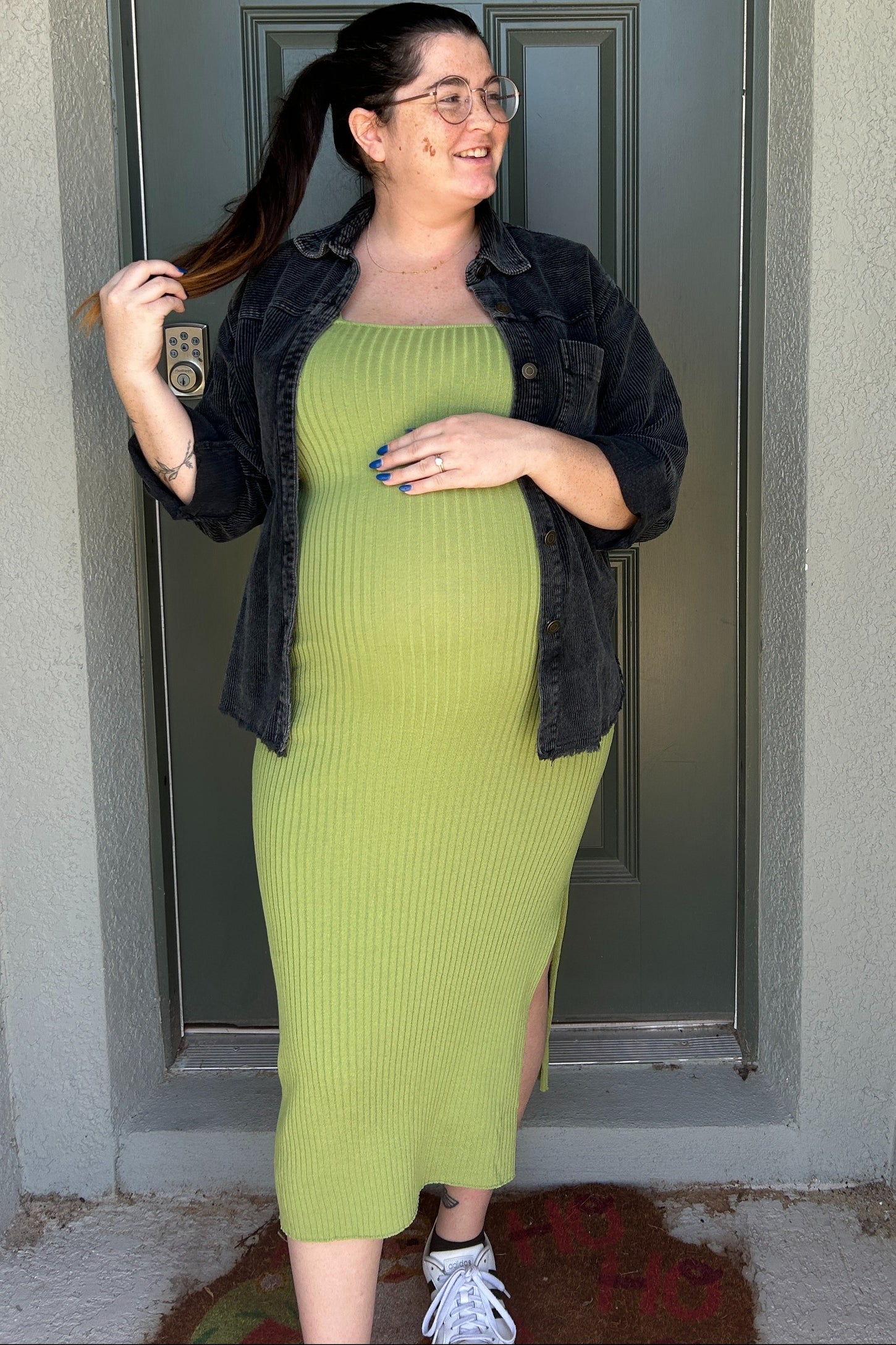 Light Olive Ribbed Knit Side Slit Maternity Midi Dress