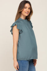 Dark Teal Mock Neck Flutter Maternity Blouse