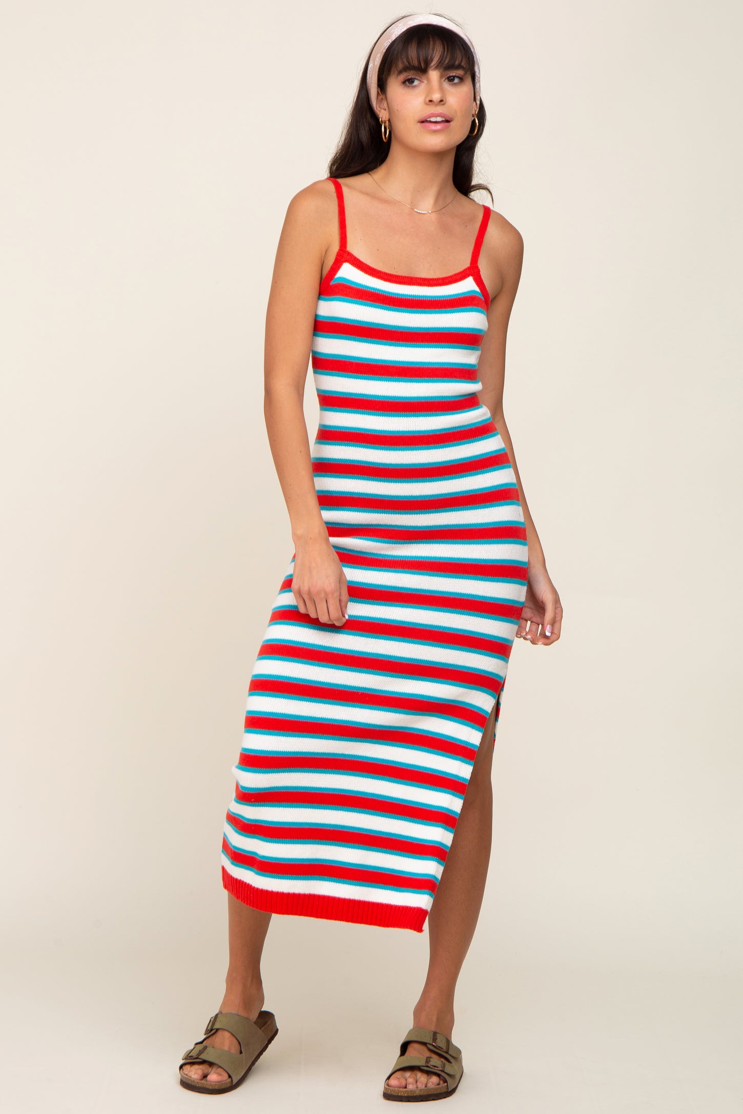 Red Striped Knit Sleeveless Maxi Dress