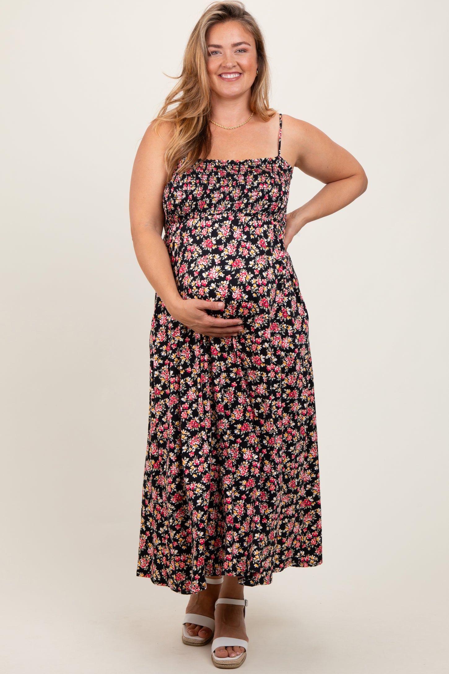 Black Square Neck Smocked Maternity Plus Midi Dress