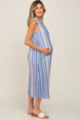 Blue Striped Sleeveless Maternity Midi Dress
