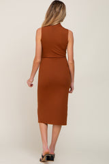 Camel Ribbed Sleeveless Mock Neck Maternity Midi Dress