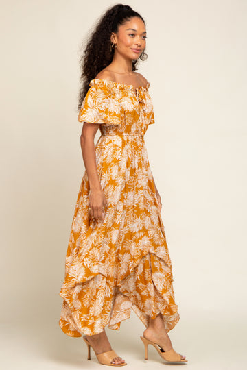 Camel Leaf Print Off Shoulder Handkerchief Midi Dress