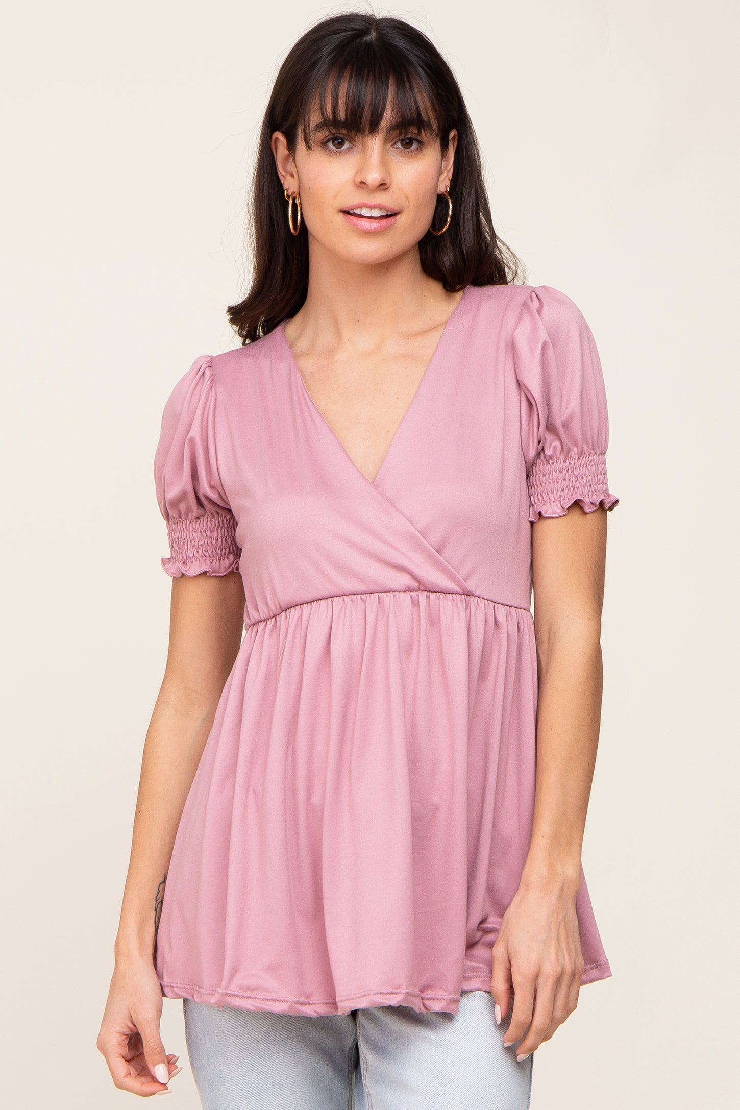 Mauve Puff Sleeve Crossover Maternity/Nursing Top