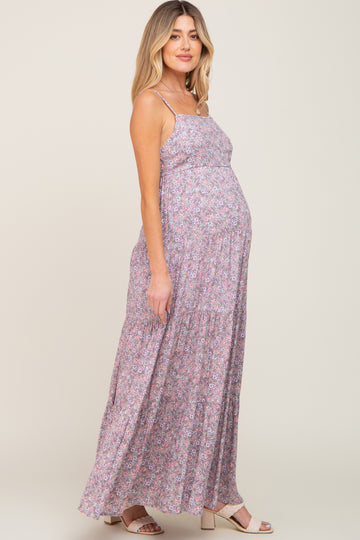 Pink Floral Tiered Maternity Maxi Dress