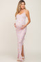 Lavender Floral Side Slit Ruched Maternity Maxi Dress