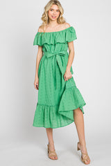 Green Eyelet Embroidered Ruffle Off Shoulder Midi Dress