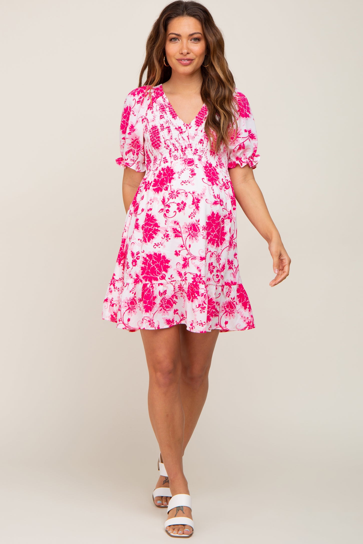 Fuchsia Floral Smocked Puff Sleeve Maternity Dress