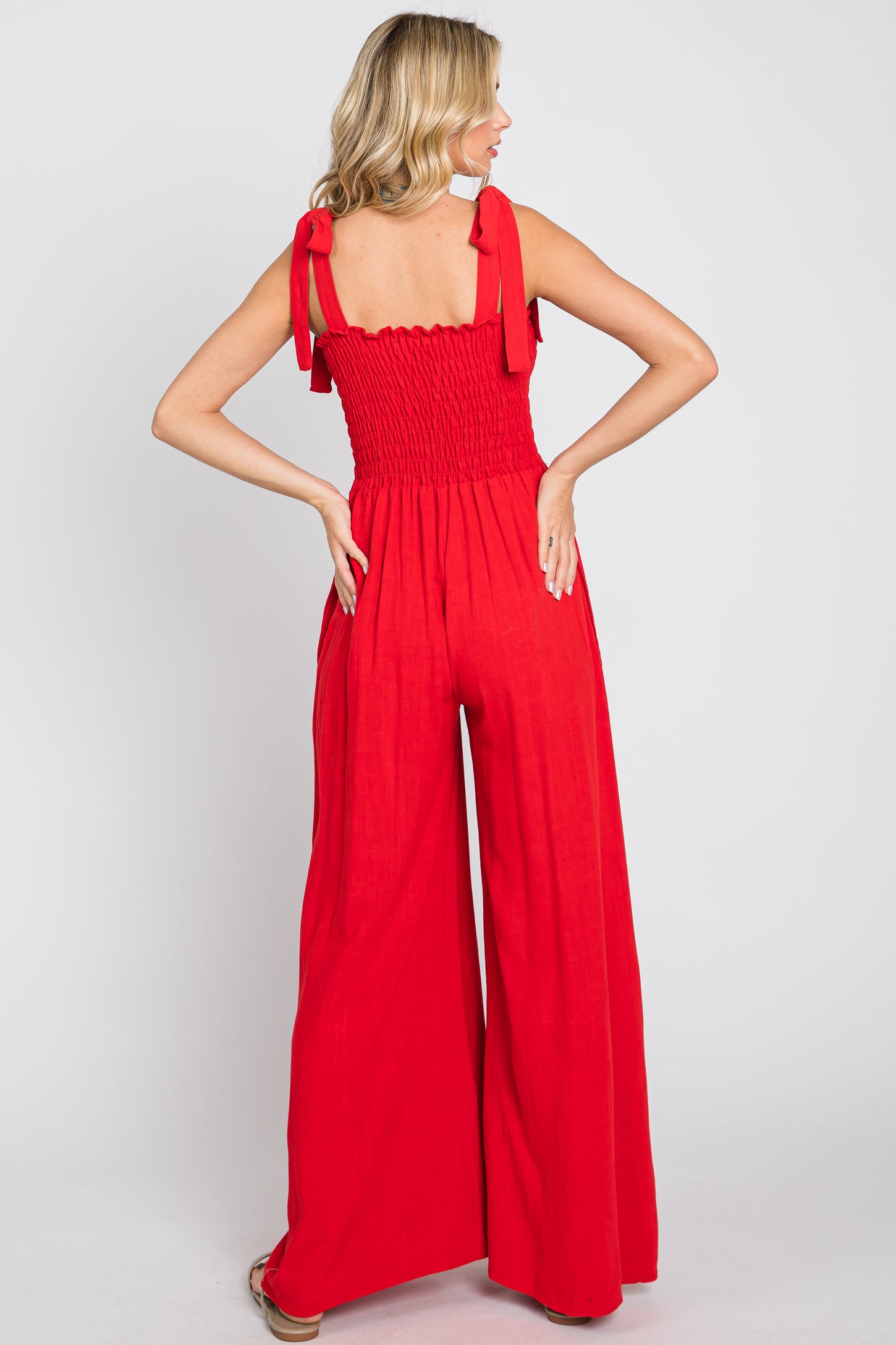 Red Sleeveless Smocked Wide Leg Jumpsuit
