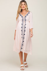 Light Pink Floral Embroidered 3/4 Sleeve Maternity Midi Dress