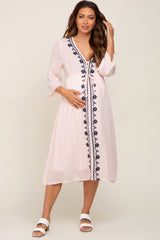 Light Pink Floral Embroidered 3/4 Sleeve Maternity Midi Dress