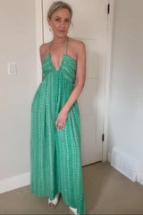 Green Halter Printed Side Slit Maxi Dress