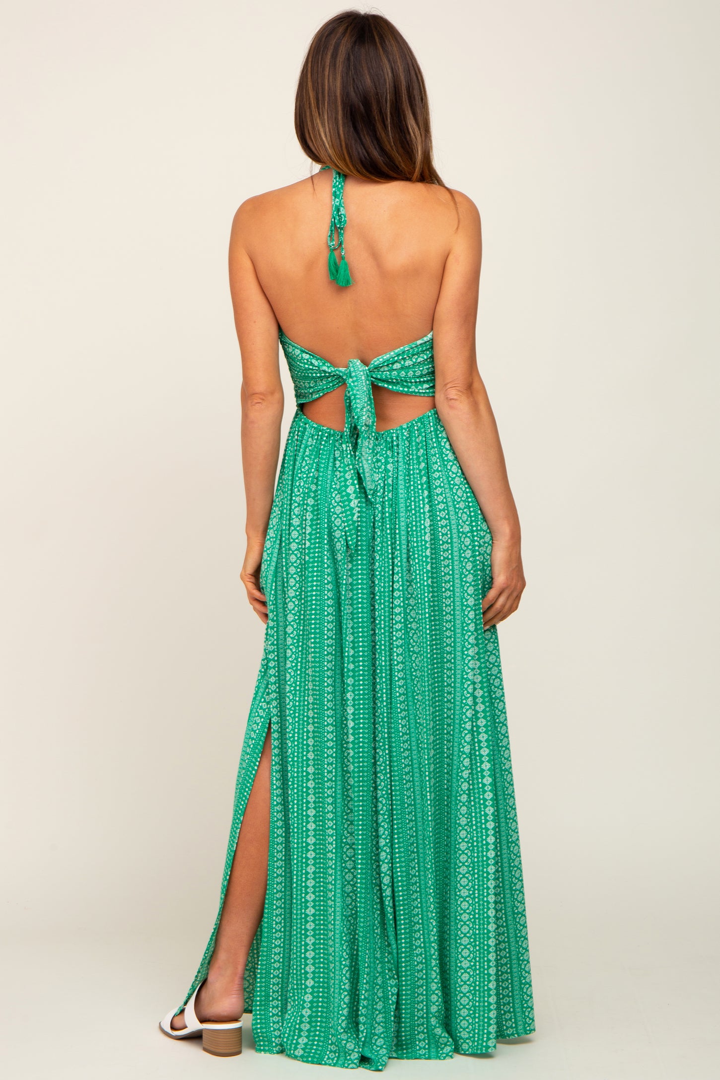 Green Halter Printed Side Slit Maxi Dress