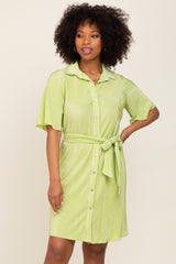 Lime Pleated Button Front Tied Waist Dress