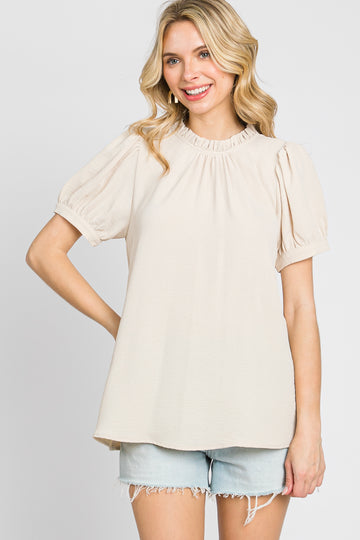 Beige Ruffle Mock Neck Blouse Top