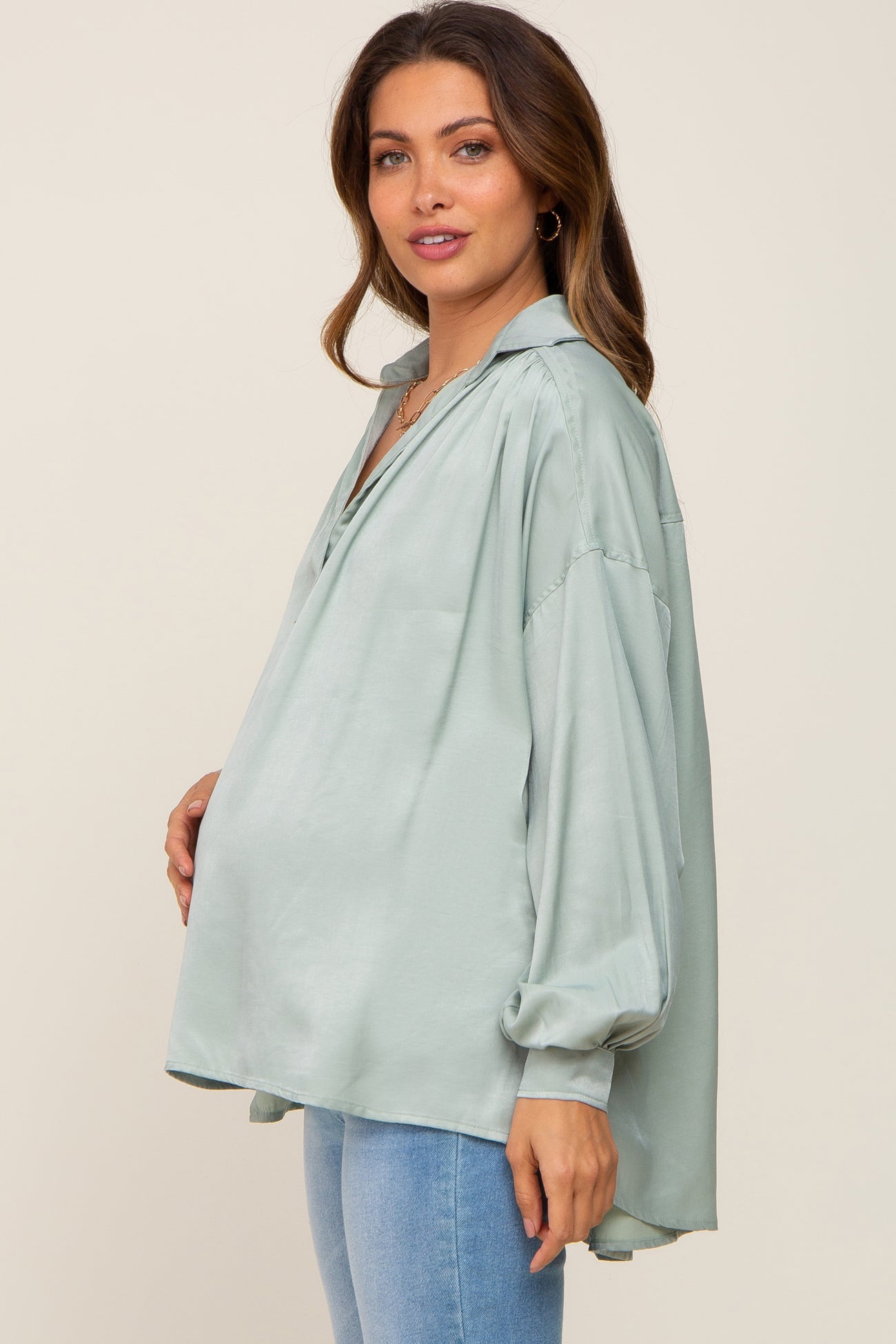Mint Green Silk Collared V-Neck Long Sleeve Blouse