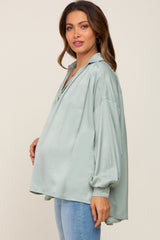 Mint Green Silk Collared V-Neck Long Sleeve Blouse