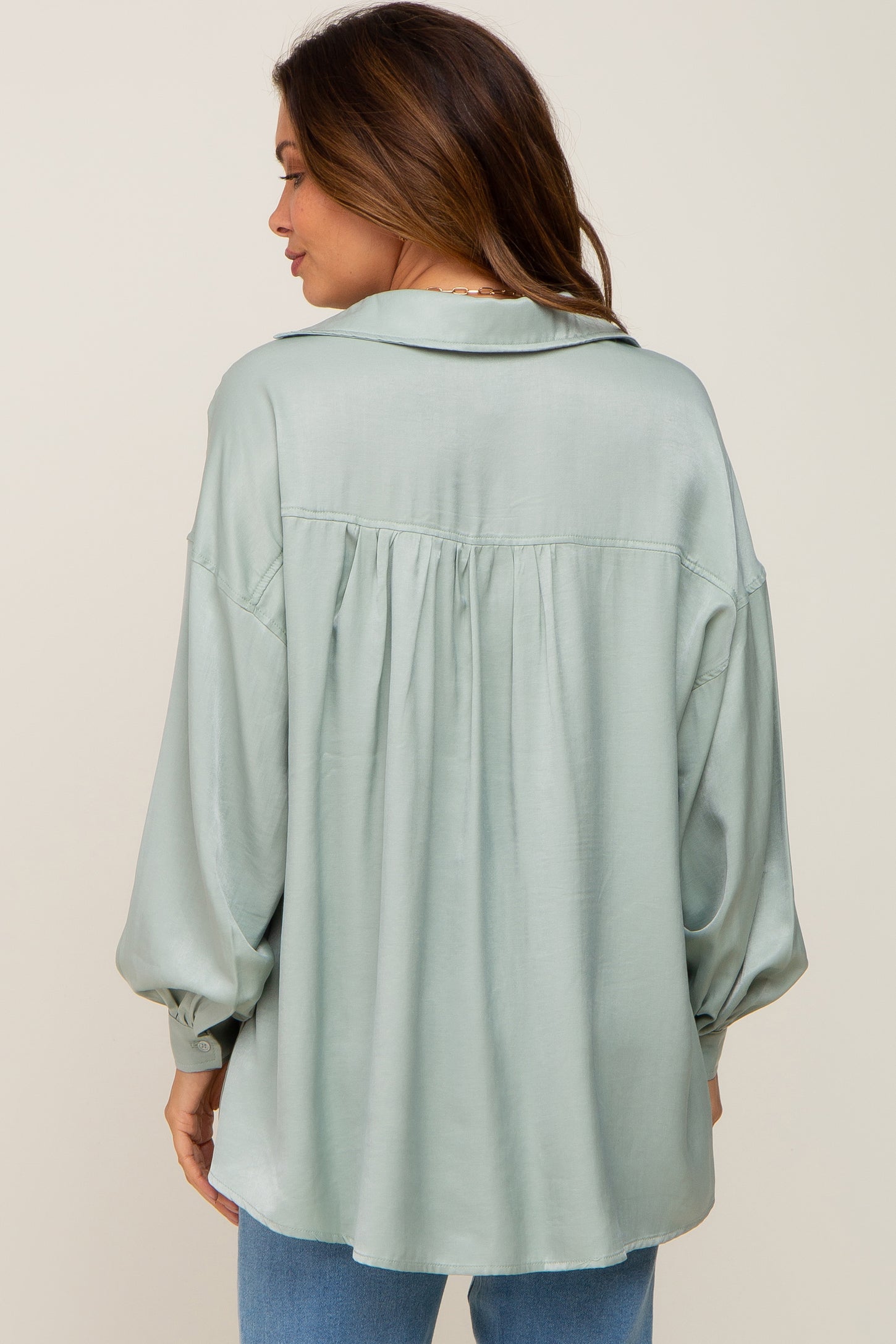Mint Green Silk Collared V-Neck Long Sleeve Blouse