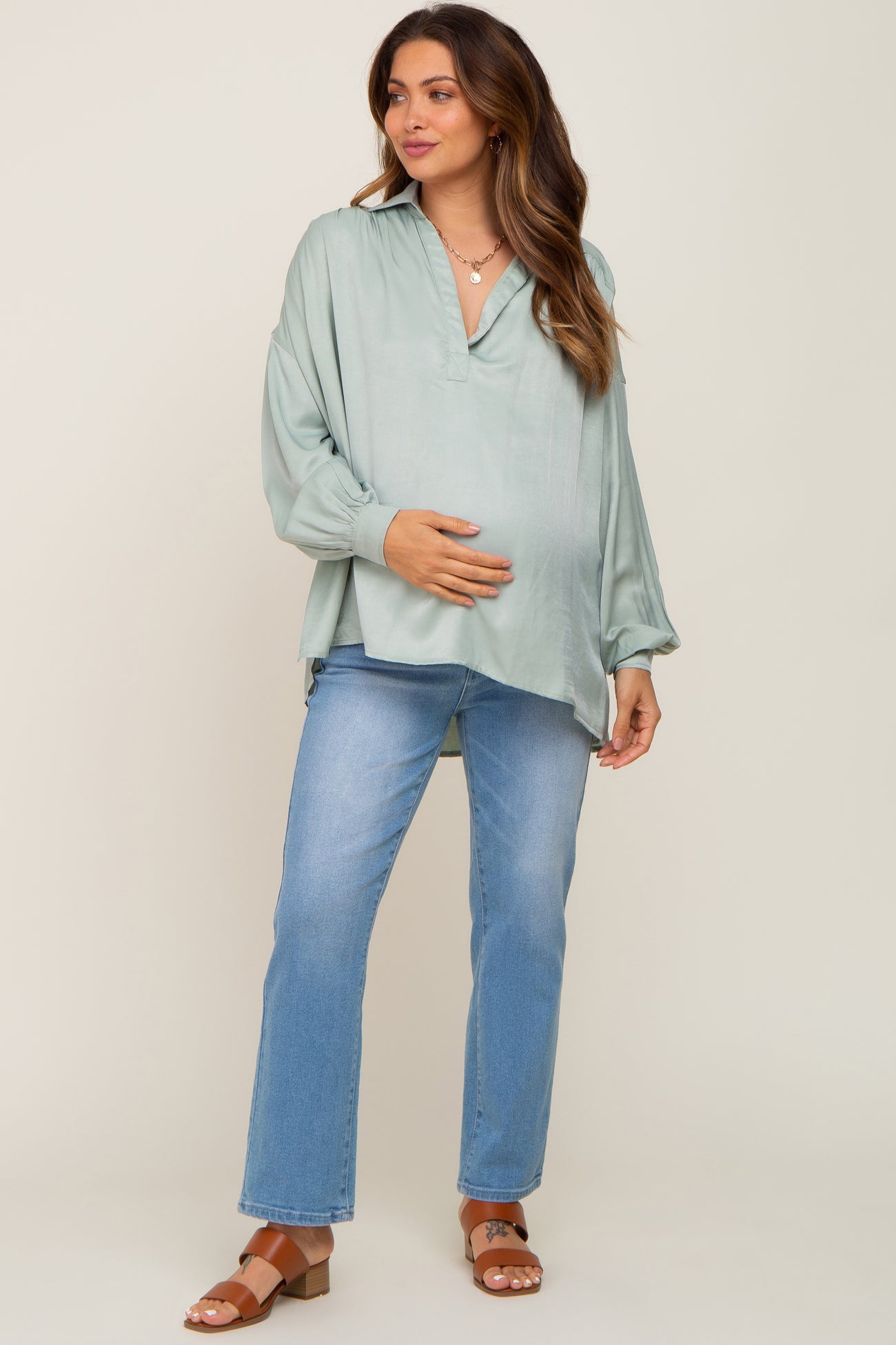 Mint Green Silk Collared V-Neck Long Sleeve Blouse