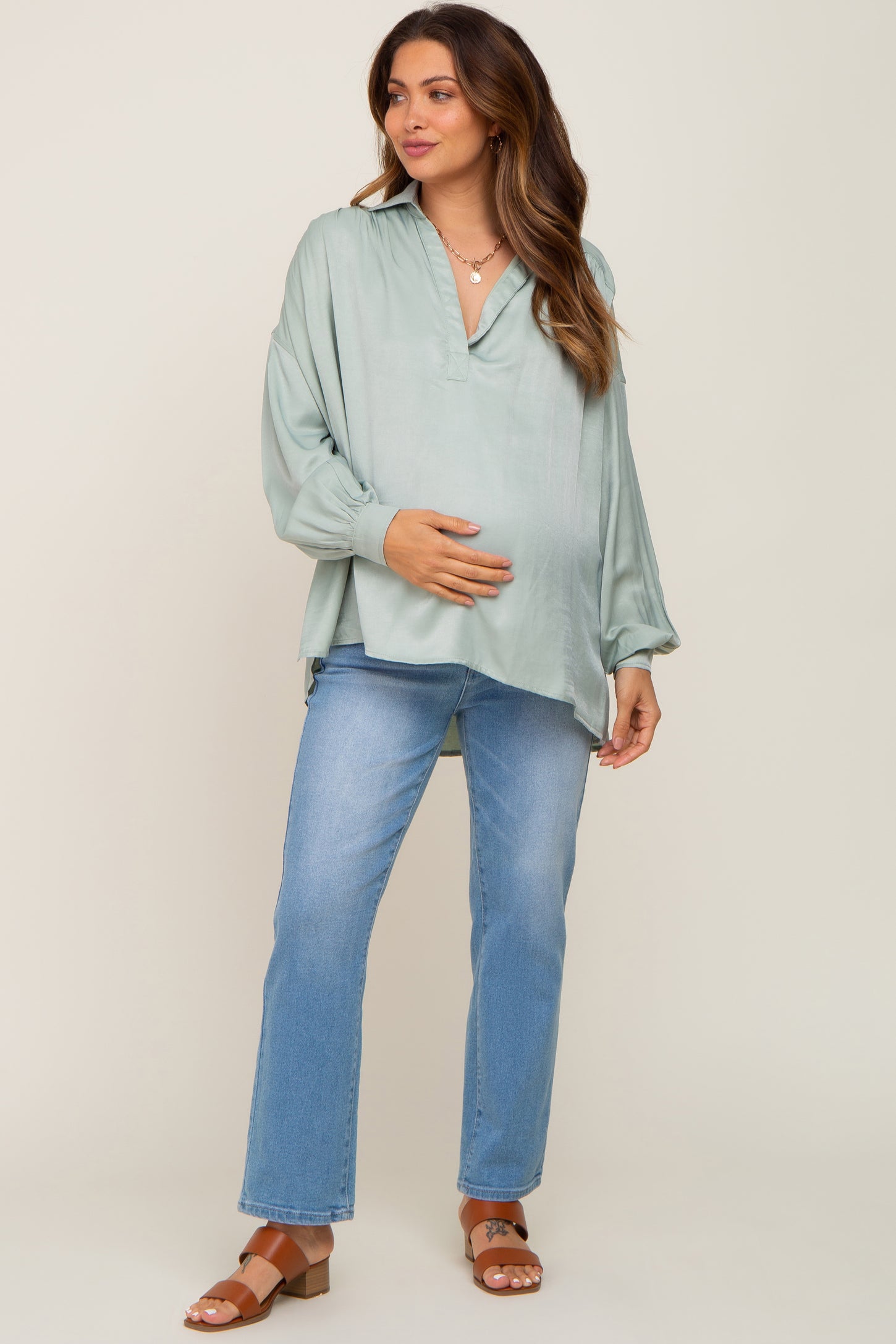 Mint Green Silk Collared V-Neck Long Sleeve Blouse