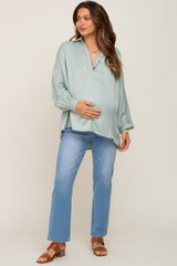 Mint Green Silk Collared V-Neck Long Sleeve Blouse