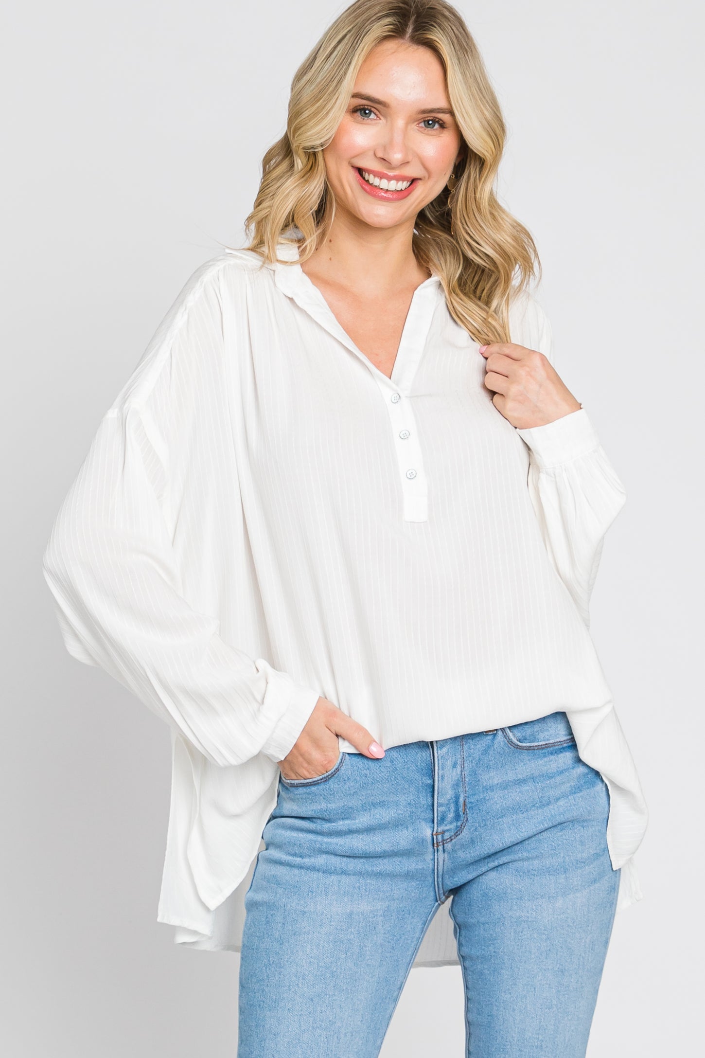 Ivory Lightweight Striped Textured Collared Top